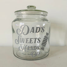 Load image into Gallery viewer, personalised glass treat jar with your choice of text and sweet or chocolate image
