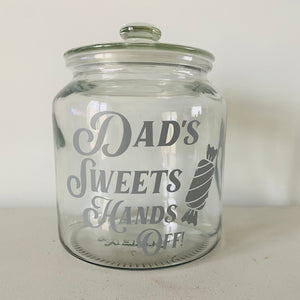 personalised glass treat jar with your choice of text and sweet or chocolate image