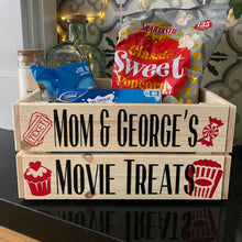 Load image into Gallery viewer, Personalised wooden film night treat crate with popcorn sweet and ticket images
