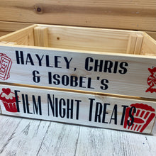 Load image into Gallery viewer, natural wooden crate personalised with your choice of text with popcorn sweet cupcake and ticket image
