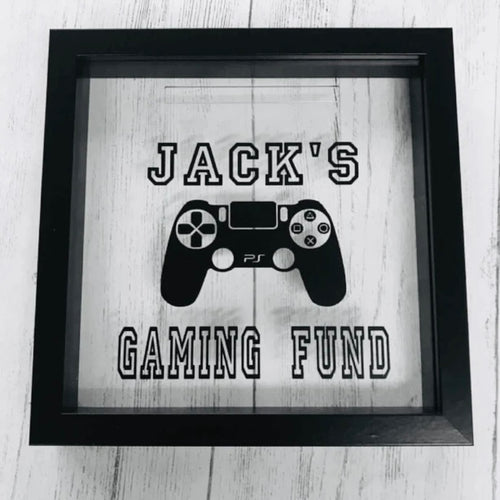 personalised gaming fund money box in a frame with controller image
