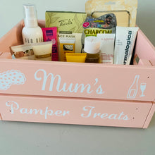 Load image into Gallery viewer, personalised wooden crate to fill with pamper treats with your choice of text
