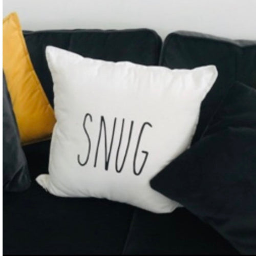 white cushion cover measuring 50cm x 50 cm with your choice of word on