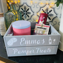 Load image into Gallery viewer, personalised wooden crate to fill with pamper treats with your choice of text
