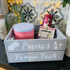 personalised wooden crate to fill with pamper treats with your choice of text