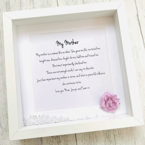 framed mum poem personalised with a lilac paper rose decoration