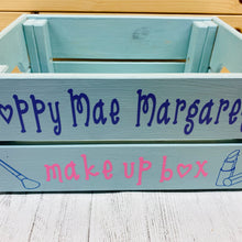 Load image into Gallery viewer, Personalised hand painted wooden make up storage crate with lipstick and make up images
