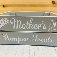 Load image into Gallery viewer, personalised wooden crate to fill with pamper treats with your choice of text
