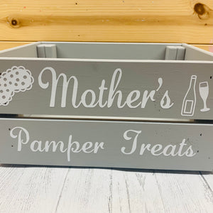 personalised wooden crate to fill with pamper treats with your choice of text