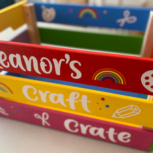 hand painted in rainbow colours large wooden craft crate personalised