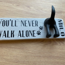 Load image into Gallery viewer, wooden plaque you&#39;ll never walk alone dog lead hook with dog tail hooks and name
