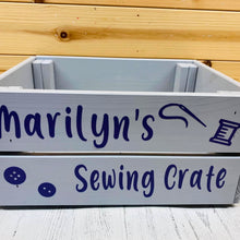 Load image into Gallery viewer, painted wooden crate personalised to keep sewing or knitting things in
