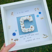 Load image into Gallery viewer, new baby personalised frame with initial in the middle
