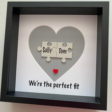 Load image into Gallery viewer, box framed personalised gift with 2 jigsaw pieces with names on we&#39;re the perfect fit underneath
