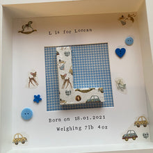 Load image into Gallery viewer, new baby personalised frame with initial in the middle
