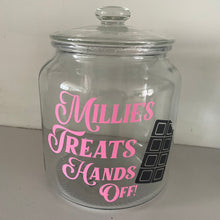 Load image into Gallery viewer, personalised glass treat jar with your choice of text and sweet or chocolate image
