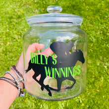 Load image into Gallery viewer, glass jar with horse image personalised racing fund jar
