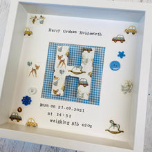 Load image into Gallery viewer, new baby personalised frame with initial in the middle
