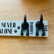 Load image into Gallery viewer, wooden plaque you&#39;ll never walk alone dog lead hook with dog tail hooks and name
