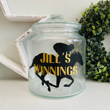 Load image into Gallery viewer, glass jar with horse image personalised racing fund jar
