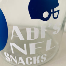 Load image into Gallery viewer, personalised NFL snack jar with american football image and helmet and your name
