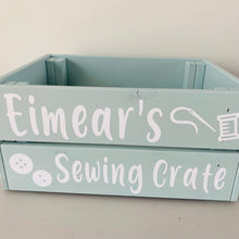 Load image into Gallery viewer, painted wooden crate personalised to keep sewing or knitting things in
