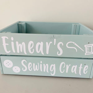 painted wooden crate personalised to keep sewing or knitting things in