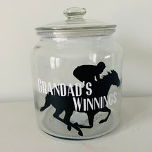Load image into Gallery viewer, glass jar with horse image personalised racing fund jar
