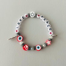 Load image into Gallery viewer, love and peace beaded elasticated bracelet in grey white and red
