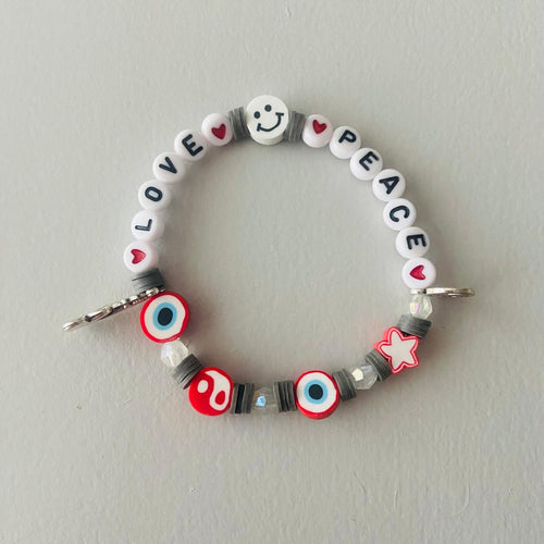 love and peace beaded elasticated bracelet in grey white and red
