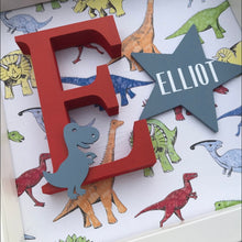 Load image into Gallery viewer, dinosaur themed frame with personalised initial and dinosaur shape
