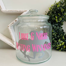 Load image into Gallery viewer, glass jar with horse image personalised racing fund jar
