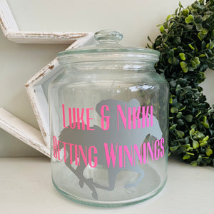 glass jar with horse image personalised racing fund jar