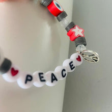 Load image into Gallery viewer, love and peace beaded elasticated bracelet in grey white and red
