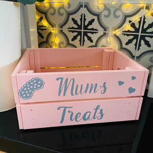 personalised wooden crate to fill with pamper treats with your choice of text