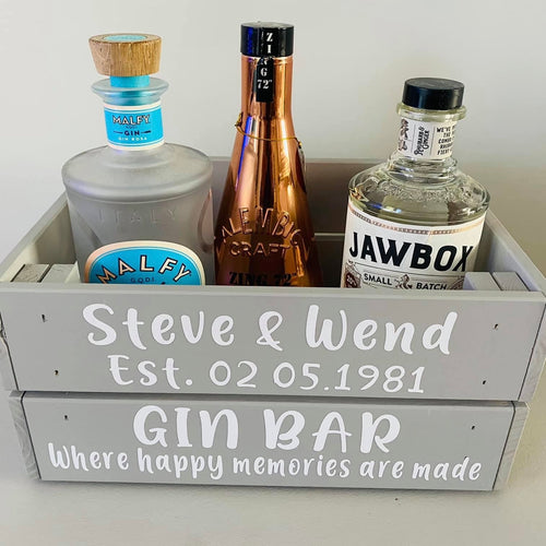 wooden crate personalised with couples names, date they got together and your choice of text