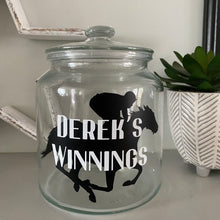 Load image into Gallery viewer, glass jar with horse image personalised racing fund jar
