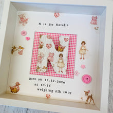 Load image into Gallery viewer, baby girl personalised box frame with decoupage vintage style paper and hand stamped text
