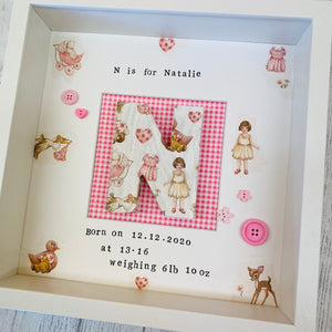 baby girl personalised box frame with decoupage vintage style paper and hand stamped text