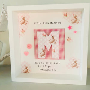 new baby girl personalised box frame with vintage decoupage