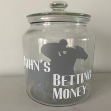 Load image into Gallery viewer, glass jar with horse image personalised racing fund jar
