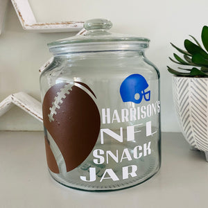 personalised NFL snack jar with american football image and helmet and your name