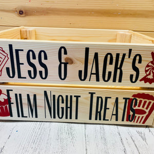 Personalised wooden film night treat crate with popcorn sweet and ticket images