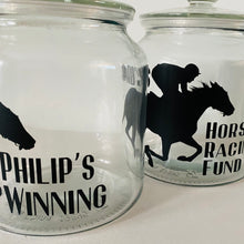 Load image into Gallery viewer, glass jar with horse image personalised racing fund jar
