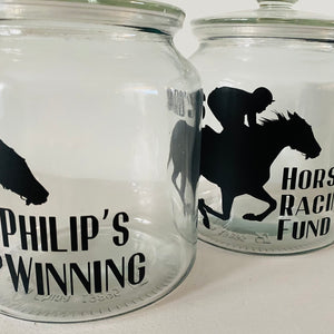 glass jar with horse image personalised racing fund jar