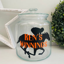 Load image into Gallery viewer, glass jar with horse image personalised racing fund jar
