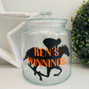 glass jar with horse image personalised racing fund jar