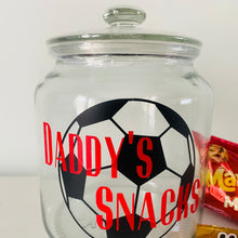 Load image into Gallery viewer, glass snack jar with football image and personalised text
