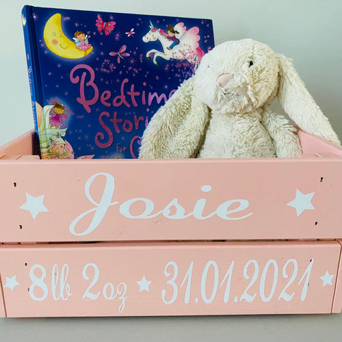 personalised hand painted storage crate to fill with baby items for a new baby gift