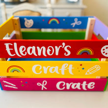 Load image into Gallery viewer, hand painted in rainbow colours large wooden craft crate personalised
